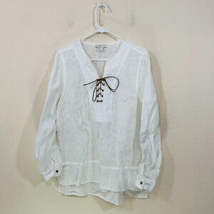 Adrienne Vittadini Womens Large 100% Linen White Tunic Long Sleeve‎ Lace Up